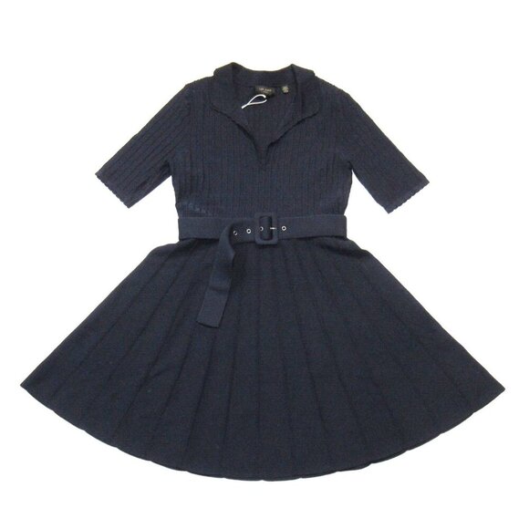 NWT Ted Baker Aleee in Navy Blue Belted Knit Collared Skater Dress 3 / US M $279 - Picture 2 of 11